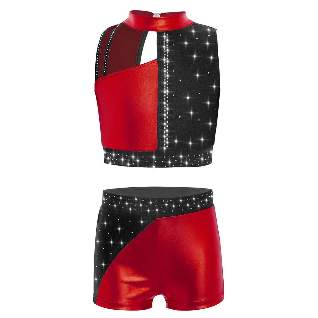 Top Corto da Ragazza con Strass Collo Alto Senza Maniche Blocco di Colore Metallizzato Pantaloncini Outfit Danza Ginnastica
