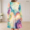 Women Plus Size V Neck Long Sleeve Marble Printed Dark Teal Black Gold Curved Hem Dress