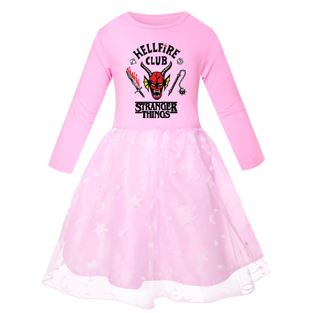 5253 Kids Girls Stranger Print Mesh Rainbow Round Neck Casual Casual Cotton Dress