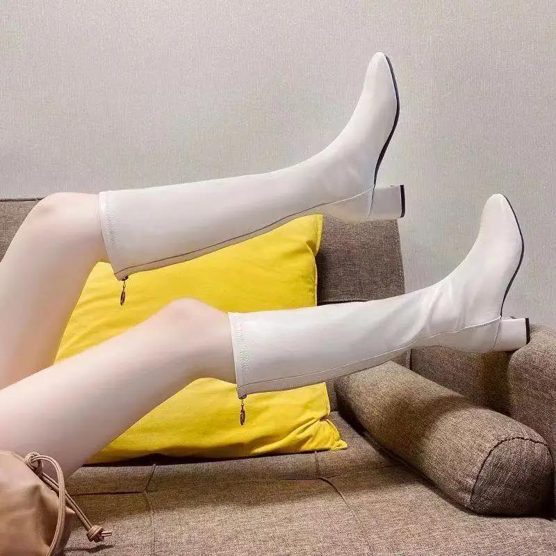 Fashion Square Toe Women's Long Boots Quality Leather Pu New Rock Spring 2024 Ladies Knee High Shaft Shoes on Promotion Demi-season Work