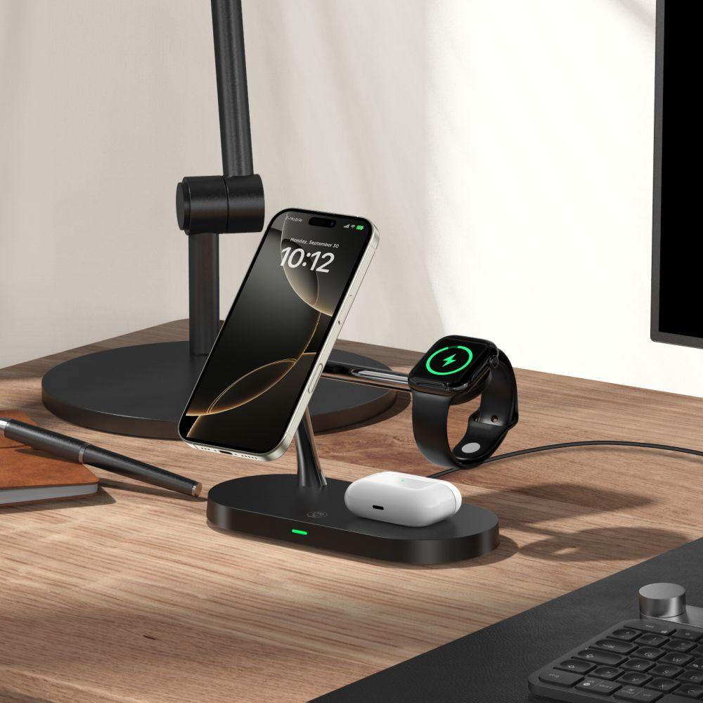 3-in-1 wireless charger for smartphone, smartwatch, and headphones with MagSafe - black