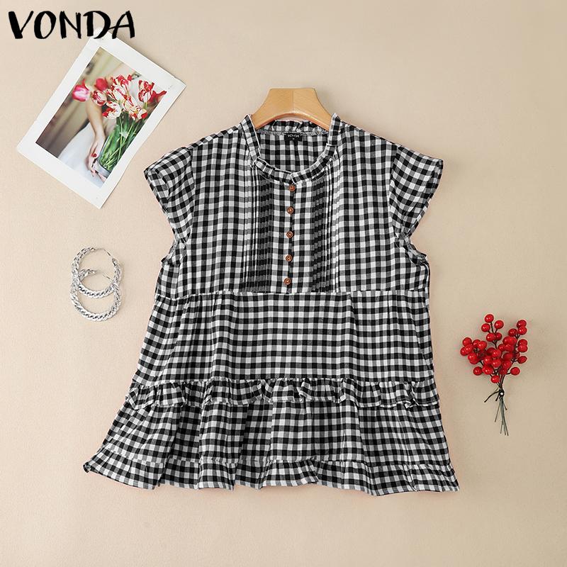 

VONDA Women Sleeveless Ruffled Patchwork Plaid Casual Tank Tops Blouse M