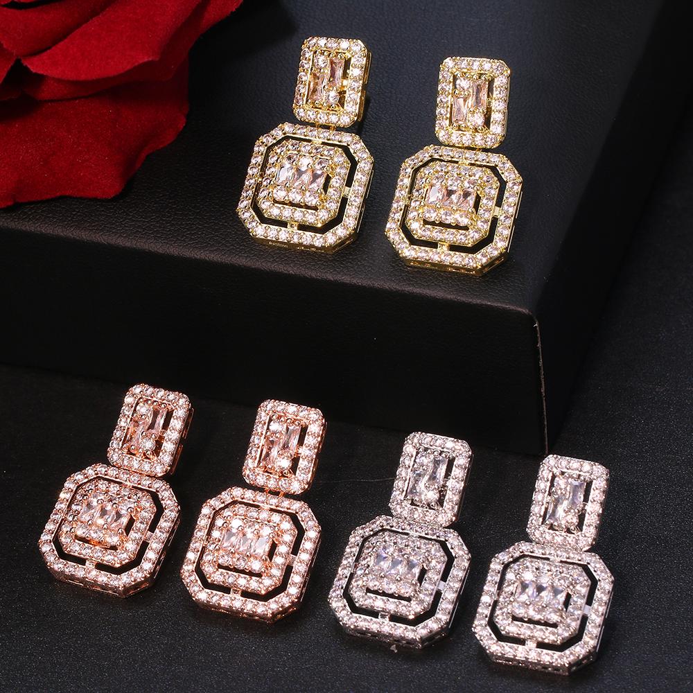 EMMAYA Zircons Delicate White Gold Cubic Zircon Square Drop Dangle Earrings for Women Fashion Wedding Party Wear Jewelry
