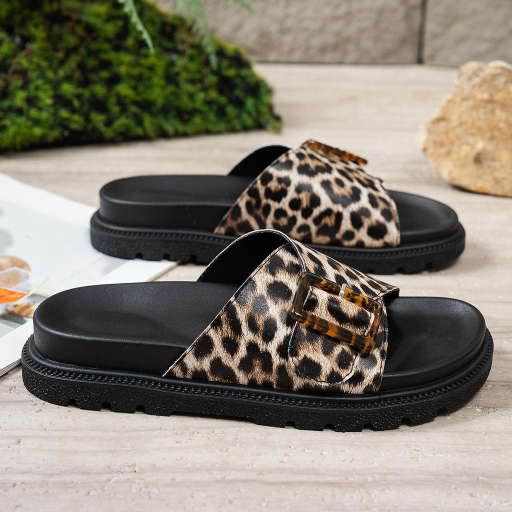 Fashion 2025 New Leopard Print Line with Buckle Platform Slippers Women Cross Border New Open-toe Beach Slippers