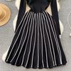 Winter Autumn Retro Knitted Striped Dress Turtleneck Long Sleeve Skinny Women Elagant Color Block Vintage Sweater A Line Dress