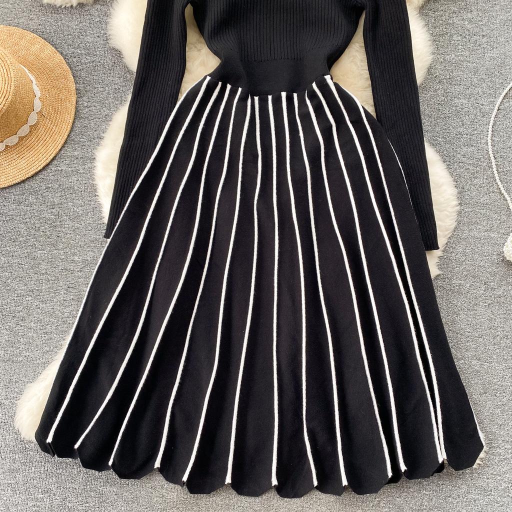 Téli őszi retro kötött csíkos ruha garbó hosszú ujjú vékony női elegáns színes blokk vintage pulóver vonalas ruha
