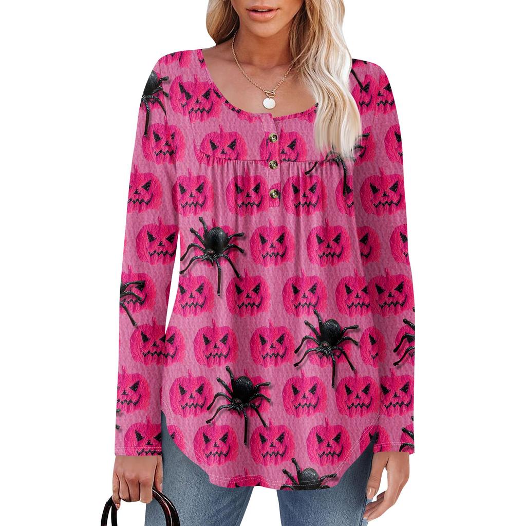 Dam Tunika Långärmad Lös Toppar Casual Oversized Toppar Plisserad Tunika Knäppning Casual Dam Tryckta Toppar