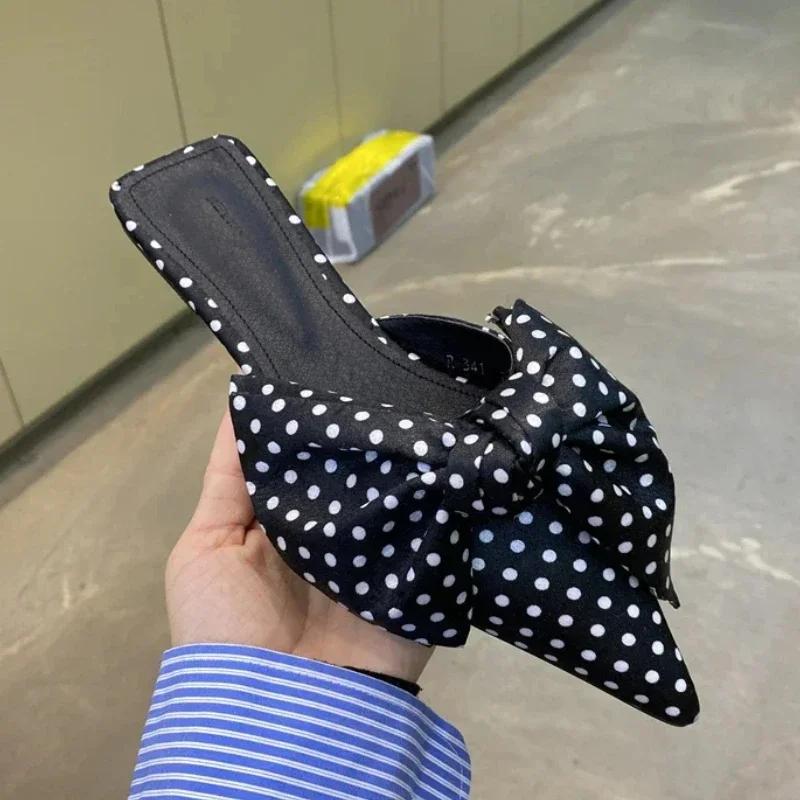 Módní oversize Boty s motýlkem Mule Ženy Módní Nazouvací sandály se špičatým pruhem Vlna Dámské Luxusní Saténové Hedvábné Outdoorové ploché pantofle