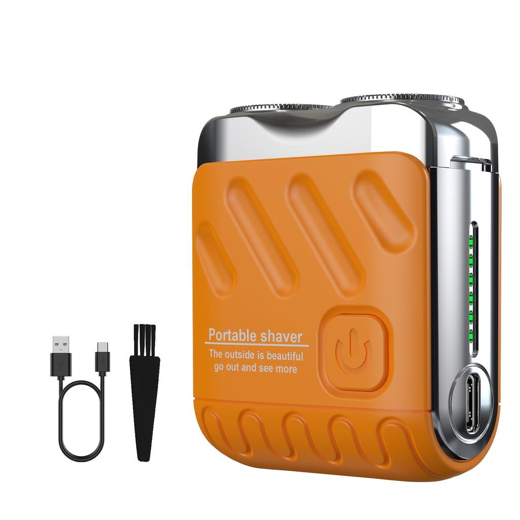 Men'S Electric Shaver with Dual Blades - Fast-Charging USB-C, Long-Lasting Lithium Battery, Compact & Portable Design - Orange/ Metallic Accents