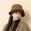 Autumn and Winter Hat Women's Wool, Bow Bucket Hat Retro Top Hat Thickened Thermal Basin Hat