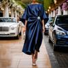 Women's Round Neck Batwing Sleeve Solid Satin Midi Dress Rhinestone Knot Waist Elegant Evening Party Long Dress