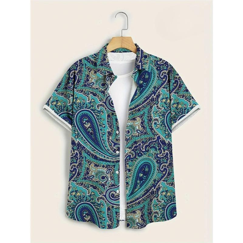 Camisas Havaianas para Homens T-shirt Casual de Manga Curta com Estampa Paisley 3D Gola Lapela Botões Tops Masculinos Verão Oversized Boêmio Camisetas Masculinas