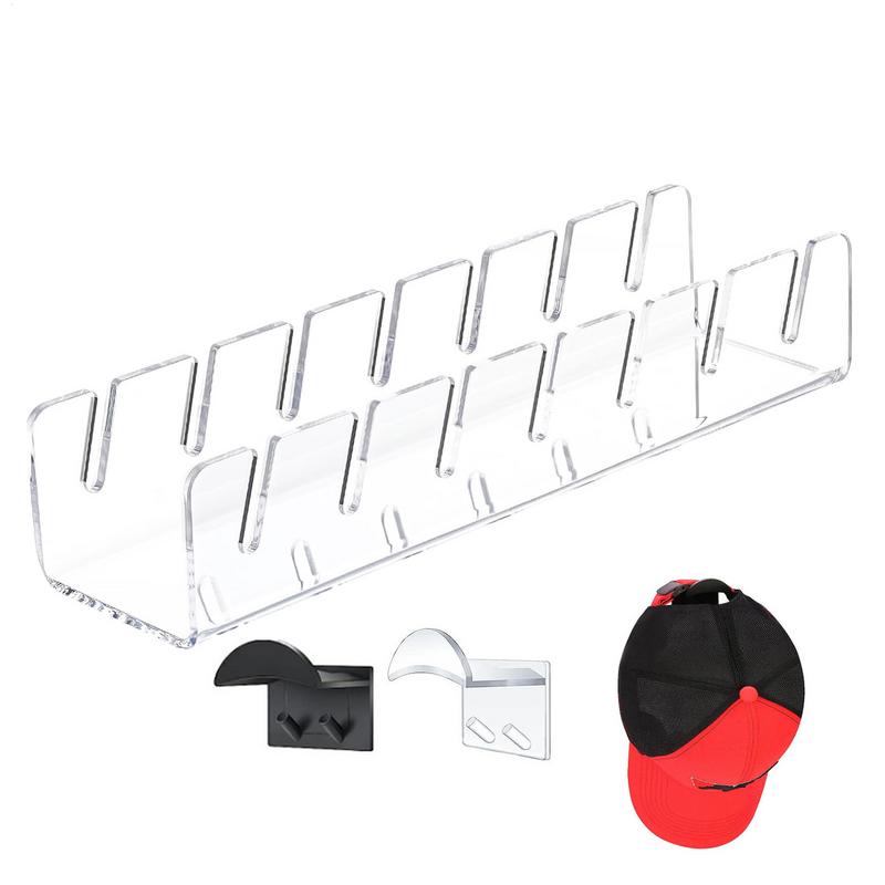 Baseball Cap Holder Acrylic Hat Display Rack For 7 Ball Caps Space Saving Stand Shelf With 2 Self-Adhesive Hooks No Install Home
