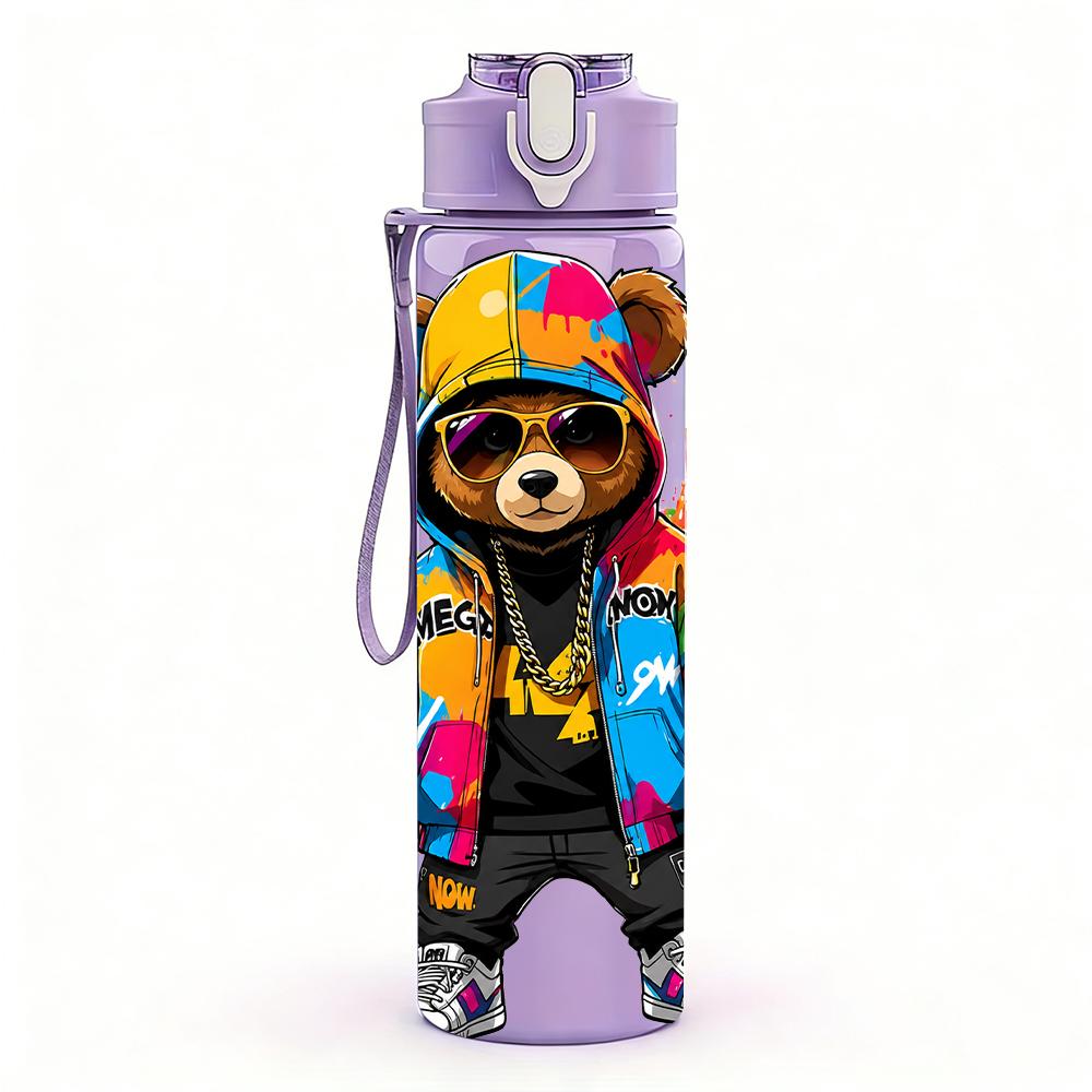 1PC Streetwear Bear Splash Color Figure 750ml Color Plastic Water Bottle Leakproof Flip Straw Lid For Sports Office Home Use