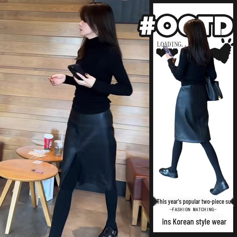 

Trendy Autumn Winter Slimming Long-Sleeve Top and Front Slit Midi Skirt Set M [Recommended 48-53 kg]