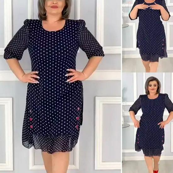 2025 Summer European & American Polka Dot Mid-Length Mini Dress for Women - Round Neck, Short Sleeve