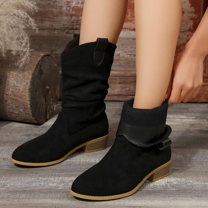 

European and American Pleated Women s Boots Autumn and Winter New Item Solid Color Versatile Suede Plus Size Women s Boots 41 чорний