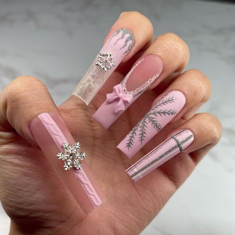 

Extra Long Water Pipe Nail Art Fake Nails Pink Sweet Three-dimensional Bow Christmas Wearing French Snowflake Flakes