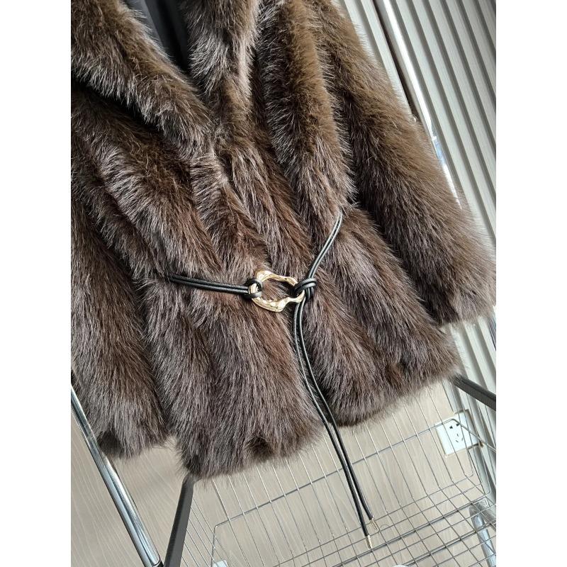 Iarnă Moda Femei cu rever maro închis Premium cu centură Blană artificială Palton cald