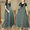 2026 Plus Size Spring Summer Women Tank Midi Dress Hooded V Neck Casual Loose Baggy Vintage Dress Sleeveless Denim Split Dress With Pocket