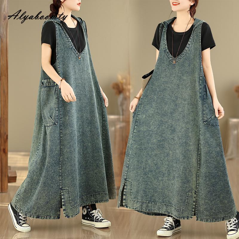 2026 Plus Size Spring Summer Women Tank Midi Dress Hooded V Neck Casual Loose Baggy Vintage Dress Sleeveless Denim Split Dress With Pocket