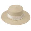 French Celebrity Flat Top Hat Summer Elegant Pearl Straw Seaside Sun Hat Children