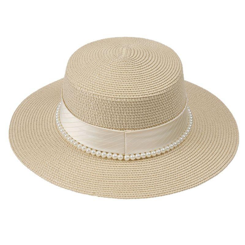 French Celebrity Flat Top Hat Summer Elegant Pearl Straw Seaside Sun Hat Children