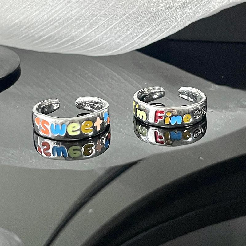 Korean Colorful Rainbow Letter Open Rings for Women Girls Vintage Creative Oil Dropping Adjustable Finger Couple Ring Jewelry