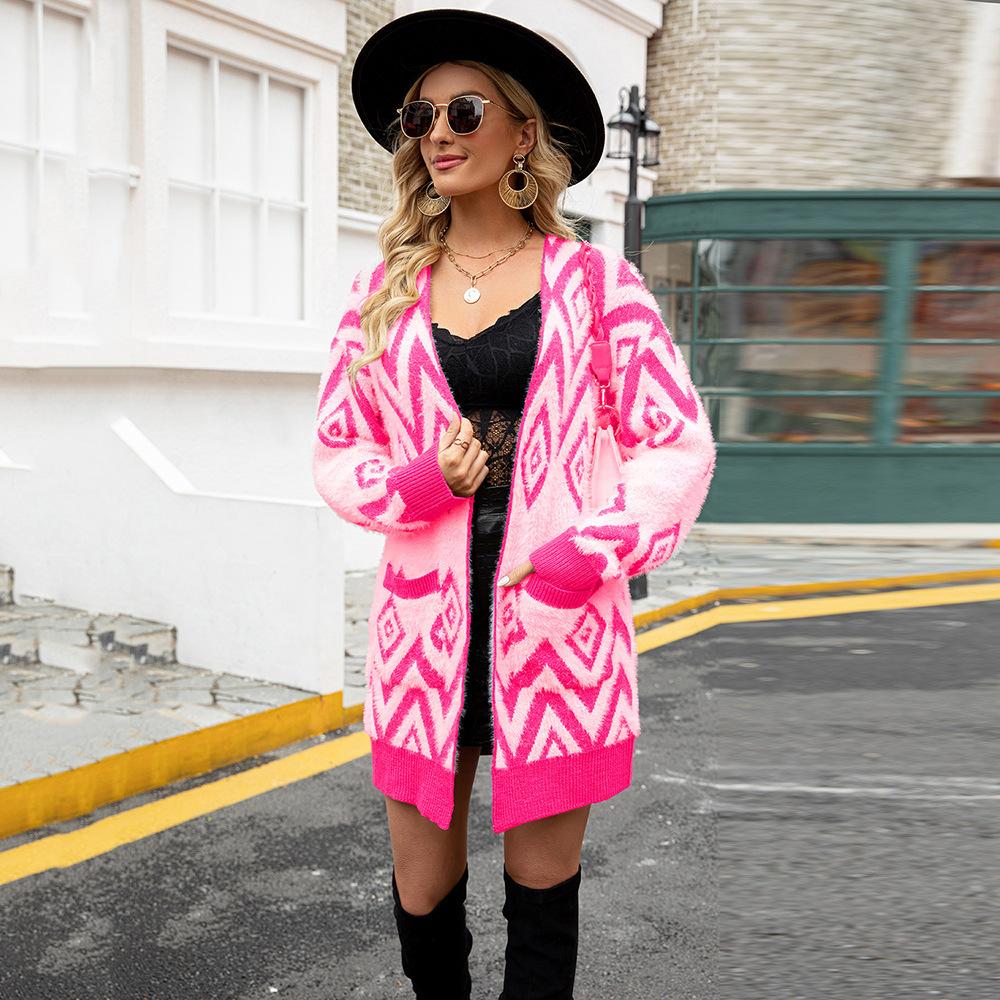 

Sueter Mujer Invierno 2025 Korean Casual Sweater Women Vintage Long Contrasting Knitted Cardigan Unique Loose Jacket KCR4298 XL розы красного