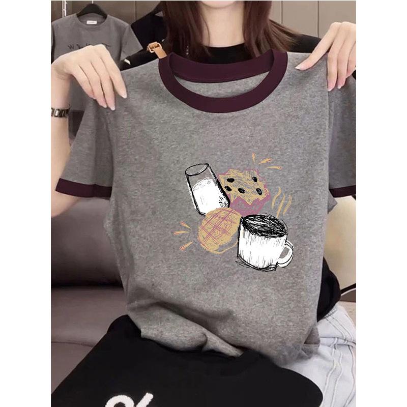 New color matching front shoulder pure cotton round neck short-sleeved t-shirt women's fashion versatile foreign style gray top summer