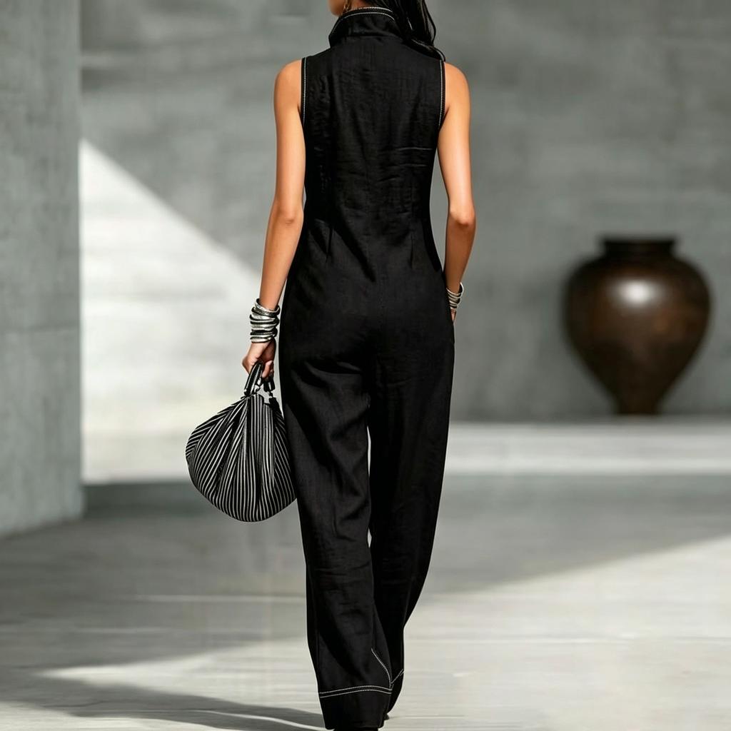 Women's Stand Collar Sleeveless Loose Fit Jumpsuit with Zipper Front and Stitching for Casual Wear