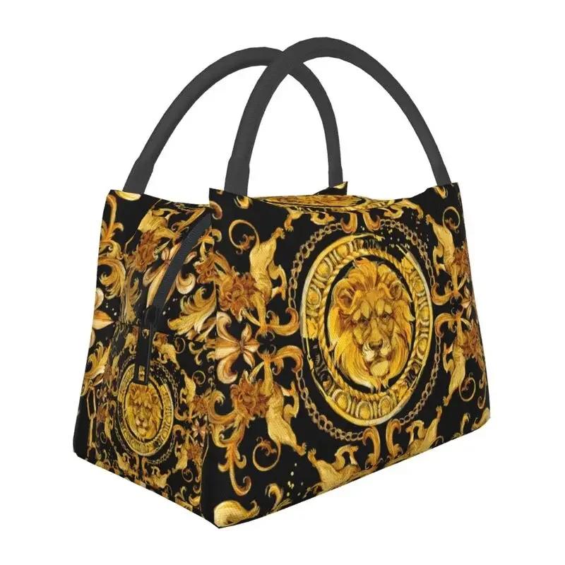 Luxury Golden Europe Floral Insulated Lunch Bag for Work Office Leakproof Thermal Cooler Lunch Box Women