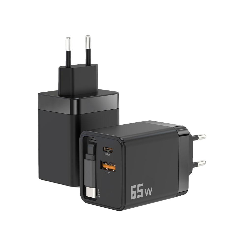 65W UK/US/EU GaN Phone Charger Adapter Built-in Retractable Charging Fast For IPhone Cable IPad E4S8