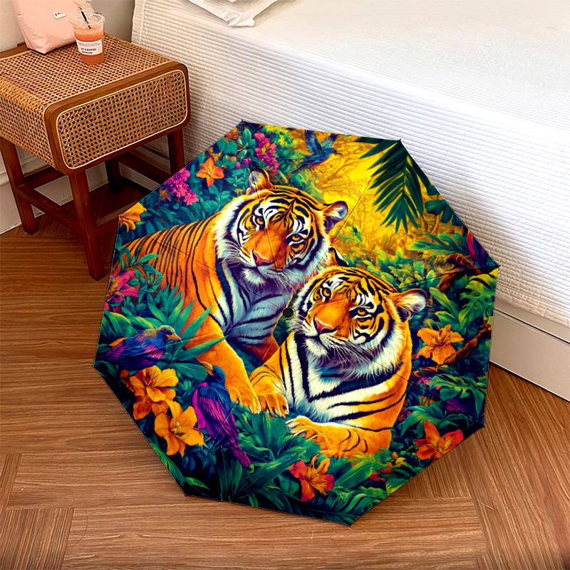 Tiger Parrot Pattern, Automatic Folding Umbrella, Portable and Foldable Design, 8 Ribs, a Christmas or Birthday Gift.