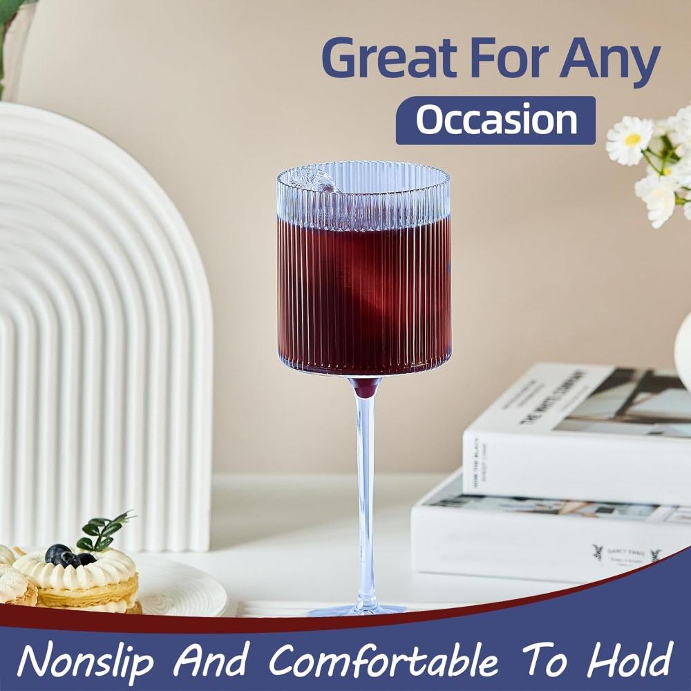 4pcs Elegant Ribbed Design Colorful Wine Glasses 11oz Hand Blown Premium Wine Glass Blue Green Stemmed Wine Glasses Long Stem Wine Glasses