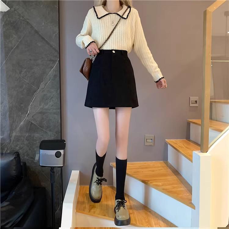 Women's Plus Size High Waist Coffee Corduroy A-Line Skirt - Slimming Anti-Exposure Short Skirt for Fall/Winter