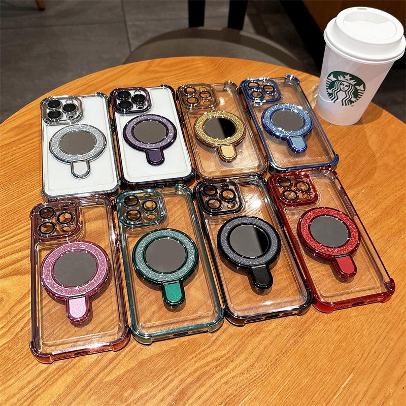 Applicable to iPhone17 mobile phone case, airbag anti-drop glitter, mirror bracket, magnetic suction, Apple 16PROMAX transparent guarantee