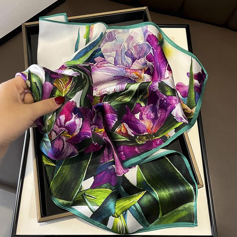 2024 100% Real Silk Square Scarf Women Designer Floral Print Neckerchief Female Luxury Shawl Hijab Bandana Headband