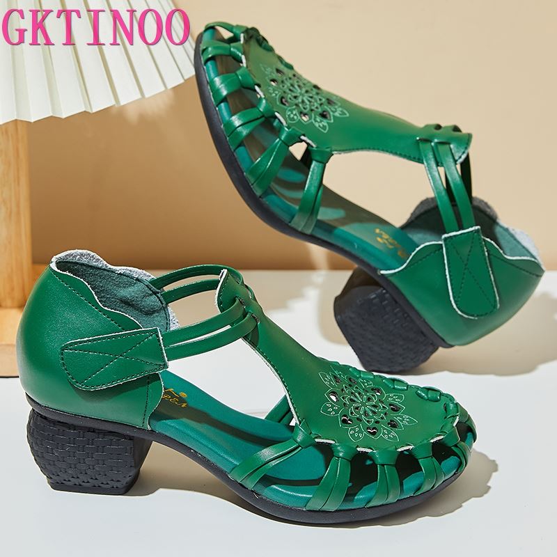 Mode GKTINOO 2025 Ethnischer Stil Bequeme High Heels Plateau Echtes Leder Damenschuhe Ausgeschnitten Damen Strand Sommer Sandalen Rutschfest