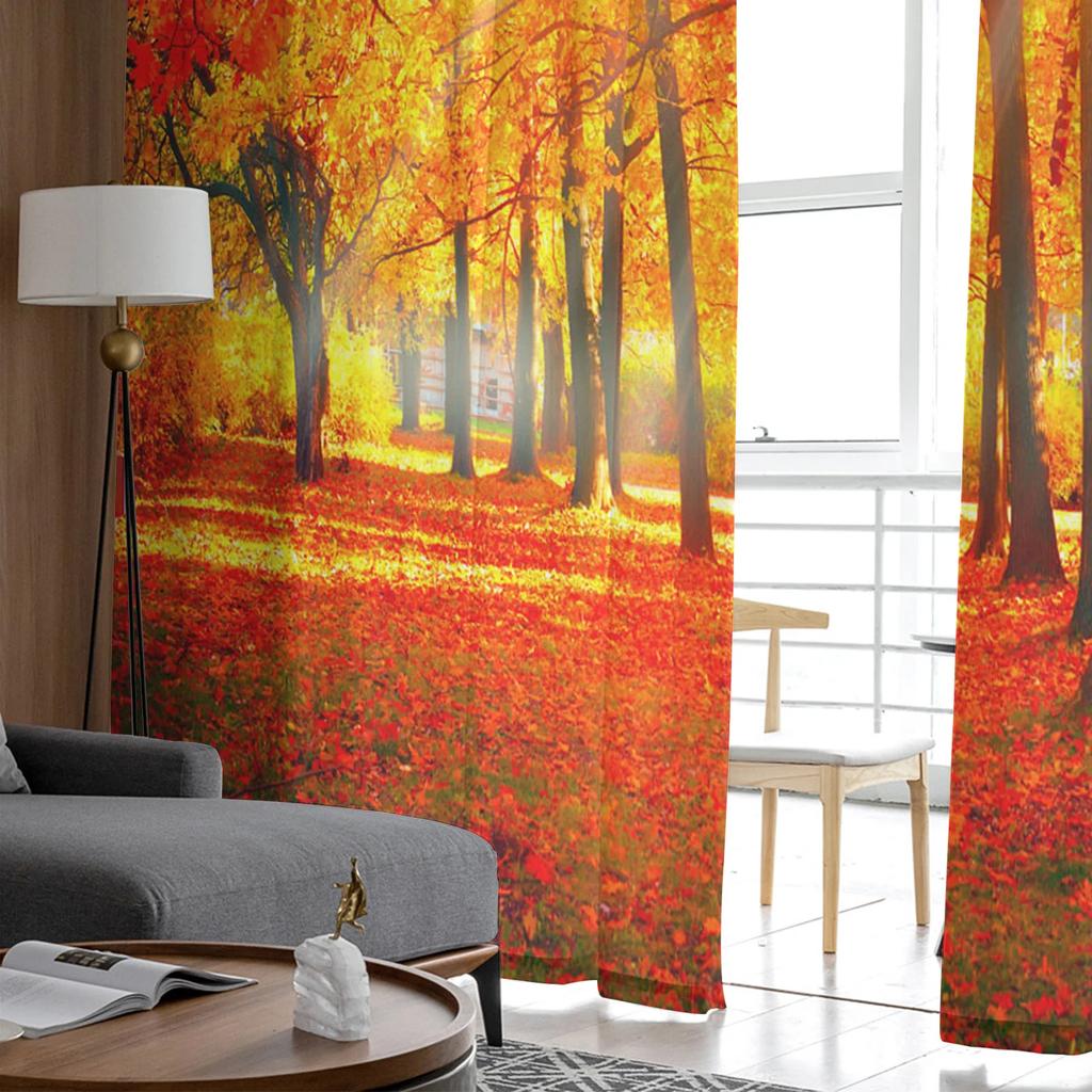 Maple Leaf Autumn Forest Landscape Tulle Curtains Living Room Bedroom Decoration Voile Window Party Drapes Curtain Sheer Polyester Ideal For Area