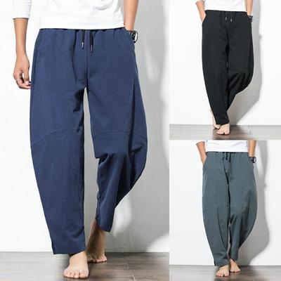 Summer Autumn Men's Fashion Trousers Elastic Waist Cotton Wide Leg Loose Harem Vintage Long Pants