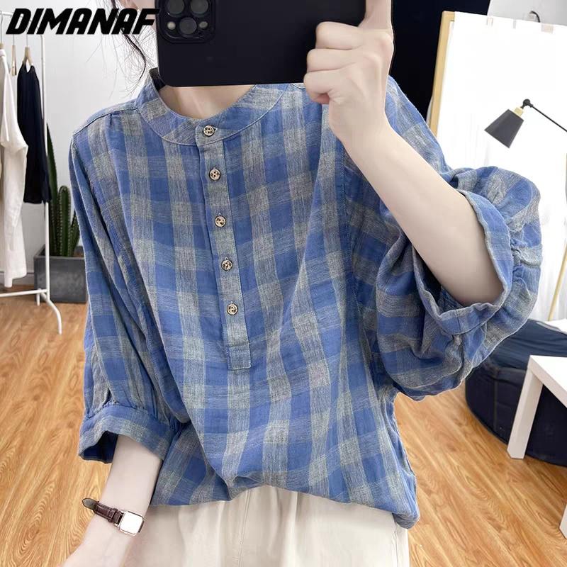 

DIMANAF 2023 Plus Size Новая Летняя Блузка Льняная Клетчатая Повседневная Рубашка Женская Свободная Рубашка Летучая мышь Футболки Крыло Летучей мыши Рукав