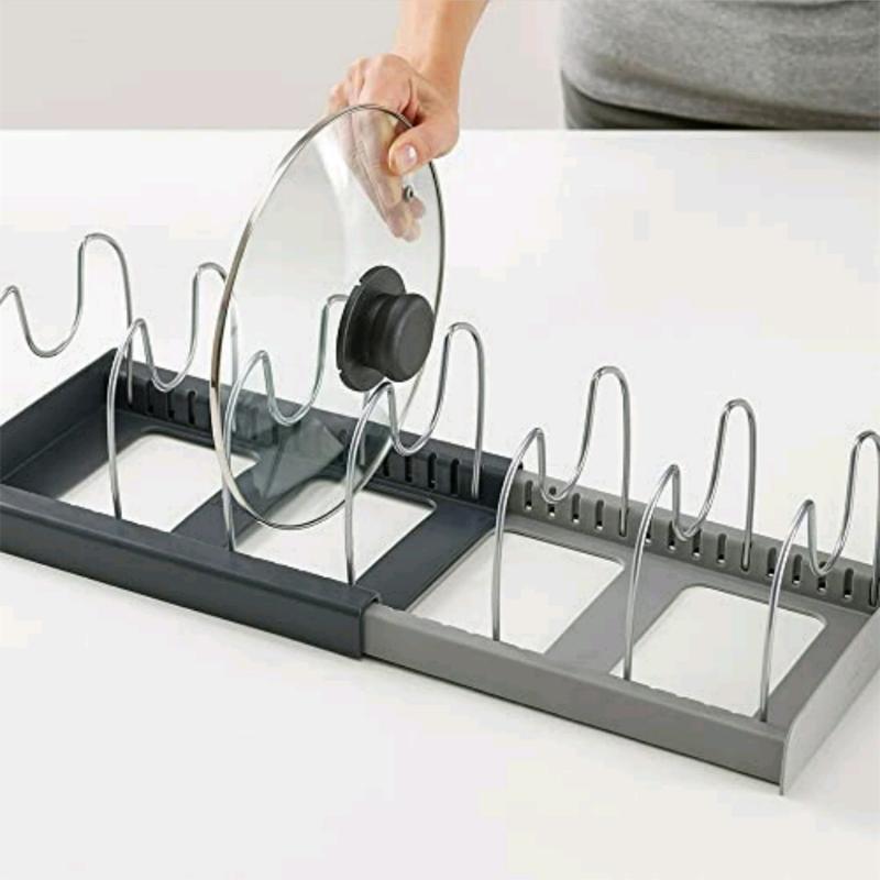 7-Grid Adjustable Pot Rack Telescopic Pan Organizer Easy Assemble Cabinet Storage Holder for Pantry Kitchen Countertop RV Use