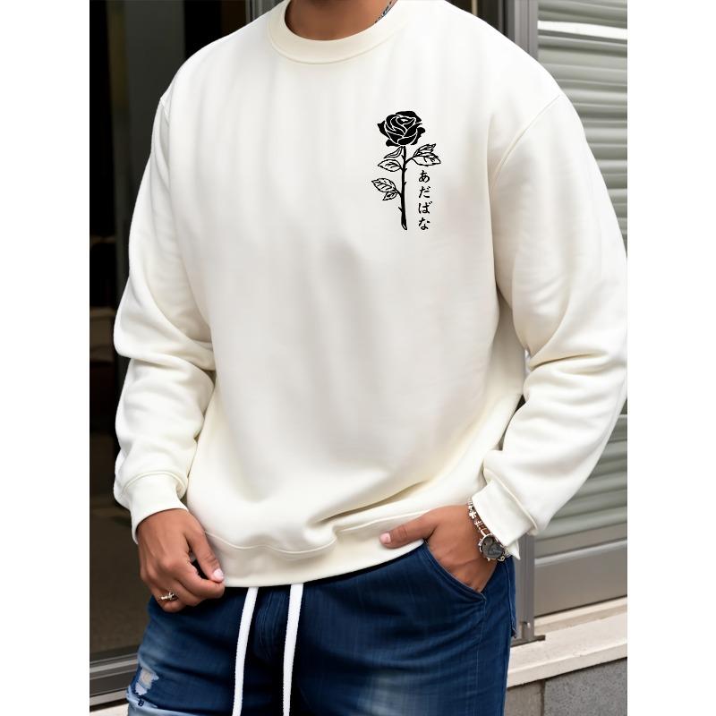 Men's Fashion Creative Design Rose Japanese Print Sport Casual Commuter Versatile Long Sleeve Round Neck Sweatshirt