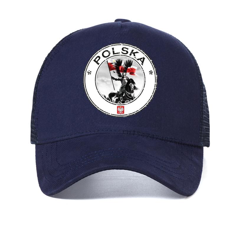 

Poland Flag Graphic Mens Baseball Cap 3D Printed Summer Casual Poland Polska Husarz hat Cool Summer Mesh Trucker hats Adjustable темно-синього кольору