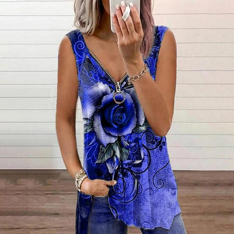 Women Summer Rose Print Zippered V-neck Sleeveless Casual Vest T-shirt