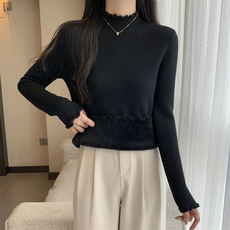 Autumn and winter warm semi-turtleneck knitted sweater women's fungus edge fleece sweater simple and versatile inner backing top