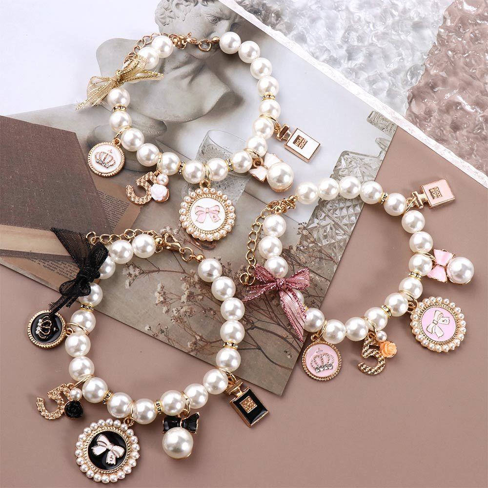 Pink Sweet Rhinestone Dog Chain Princess Pearl Necklace Cat Jewelry Pet Collars Bow Collar