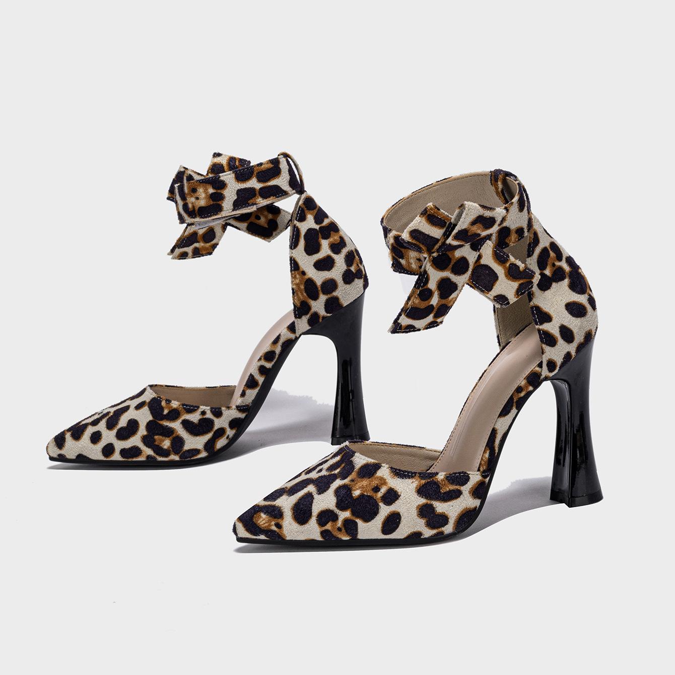 

Женская обувь размера плюс 42, модные сексуальные леопардовые туфли-лодочки с галстуком-бабочкой, брендовые туфли-лодочки с ремешком на щиколотке, современные женские туфли на высоком каблуке с острым носком