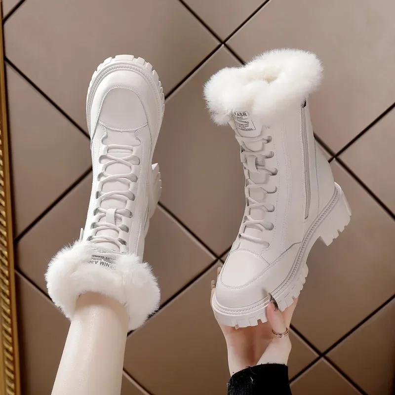 Fashion 7cm Genuine Leather Synthetic Cushioned Platform Wedge Winter Plush Spring Women Spring Durable Ankle Boots Autumn Shoes